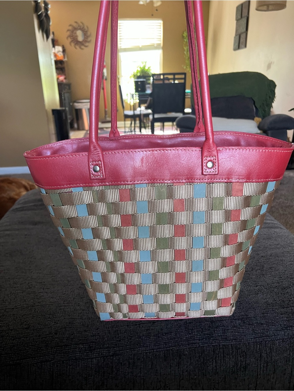 Longaberger Multicolor Woven Tote with Pink Trim - Signed